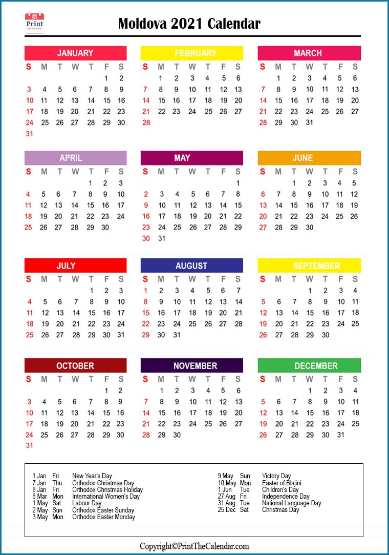 Moldova Printable Calendar 2021